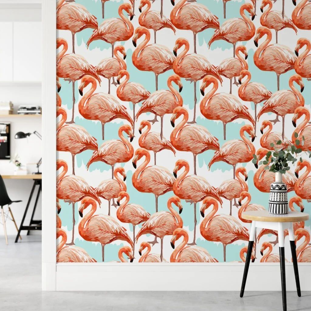 Elegant Abstract Flamingos Pattern Wallpaper, Tropical Pink Peel & Stick Wall Mural