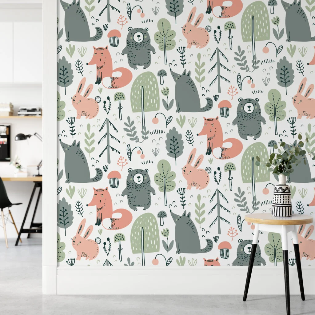 Nordic Scandinavian Forest Animals Drawings Illustration Wallpaper, Whimsical Forest Creatures Peel & Stick Wall Mural