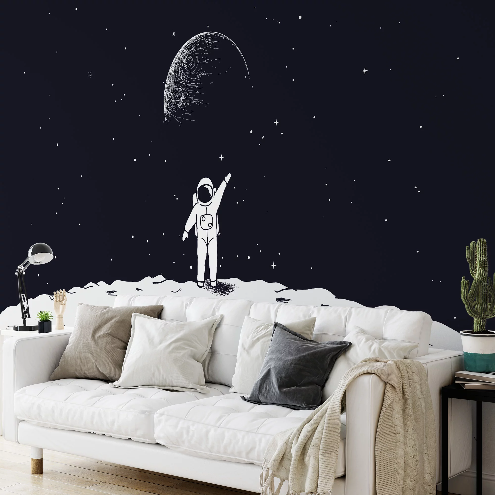 Black And White Astronaut In Space Illustration Wallpaper, Astronaut Gazing At Galaxy Peel & Stick Wall Mural