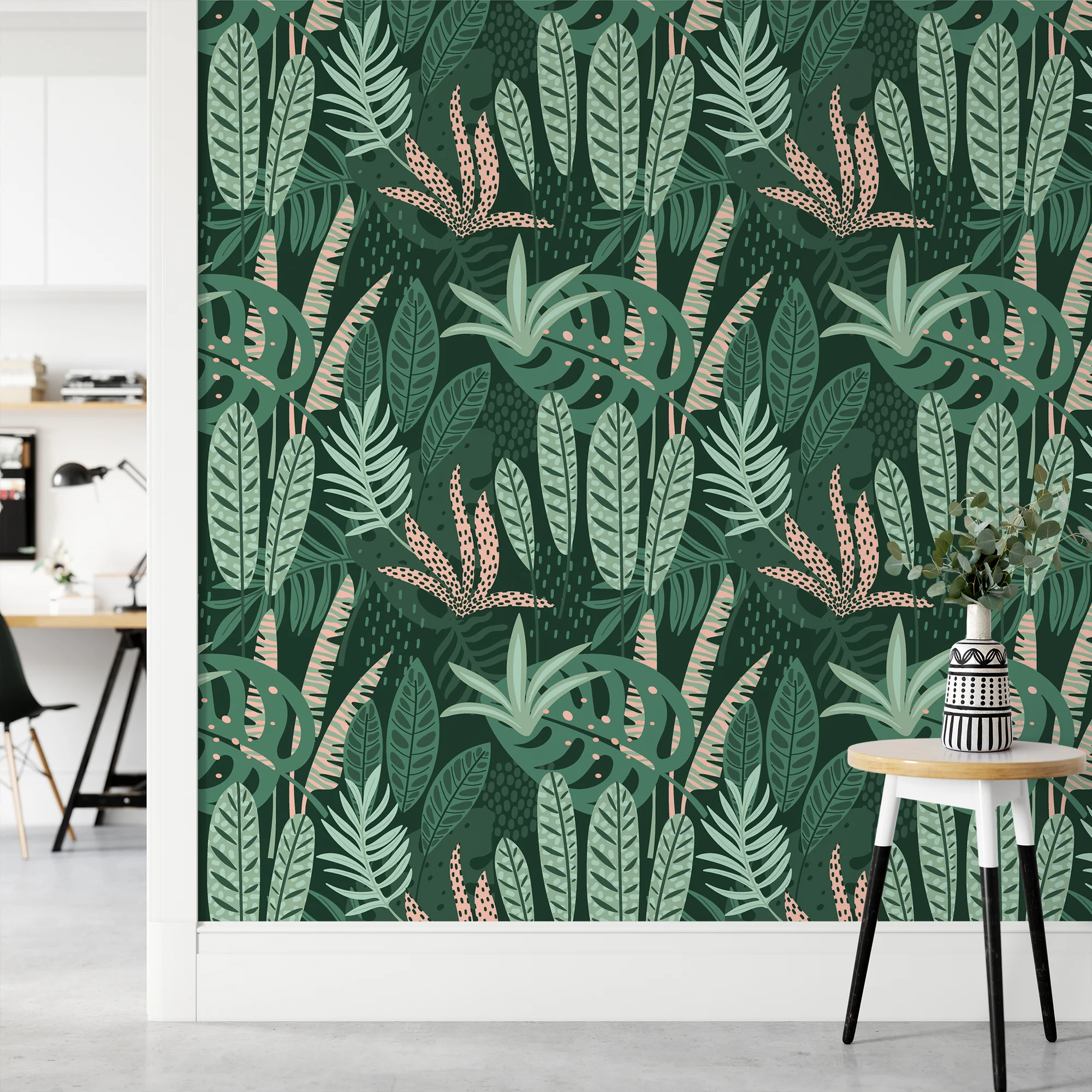 Tropical Green Abstract Flat Art Leaves Illustration Wallpaper, Nature-Themed Peel & Stick Wall Mural