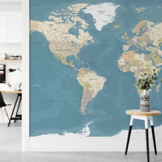 Large World Map Illustration With Every Country Wallpaper, Detailed World Map Peel & Stick Wall Mural