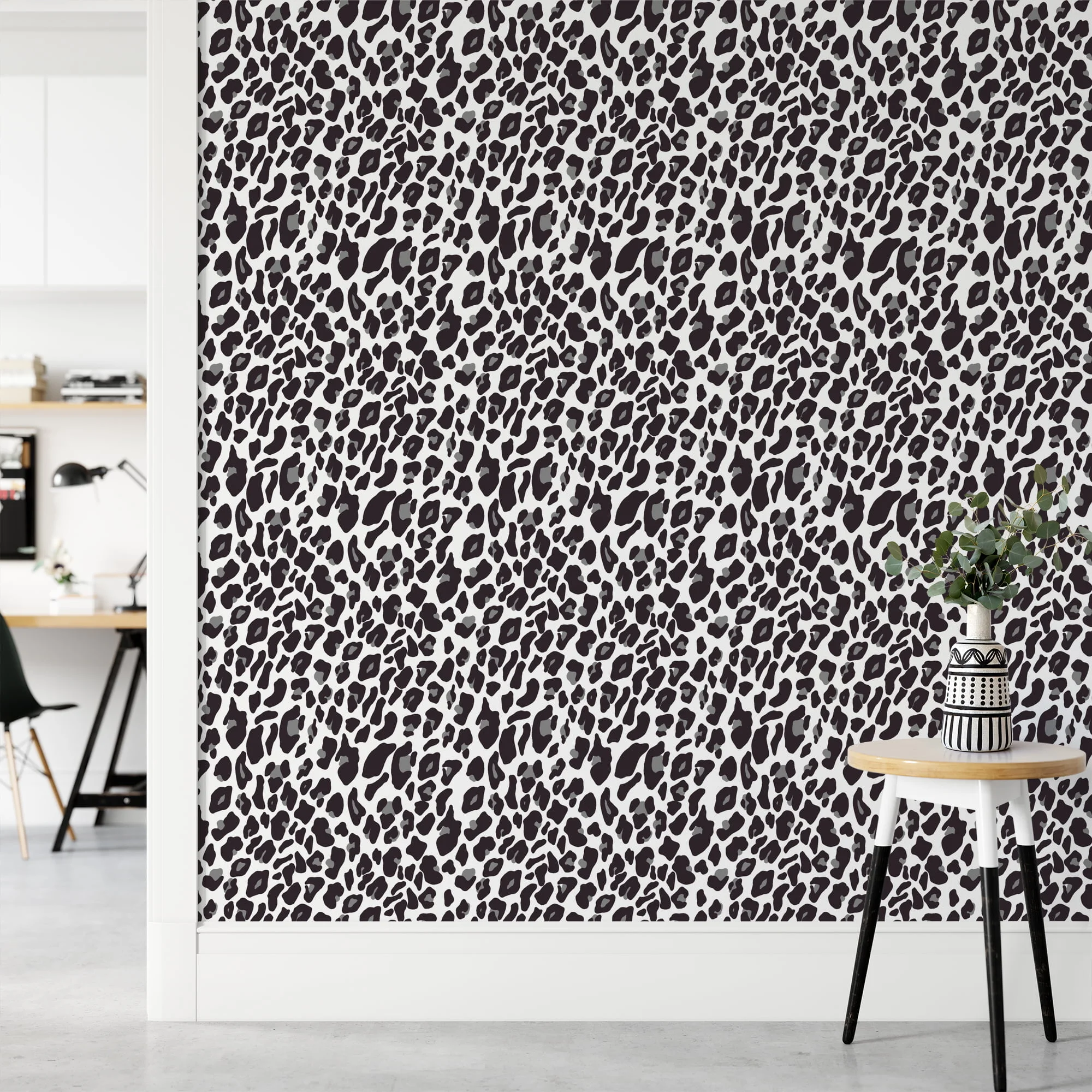 White Grey Leopard Jaguar Skin Pattern Illustration Wallpaper, Sleek Monochrome Leopard Spot Peel & Stick Wall Mural