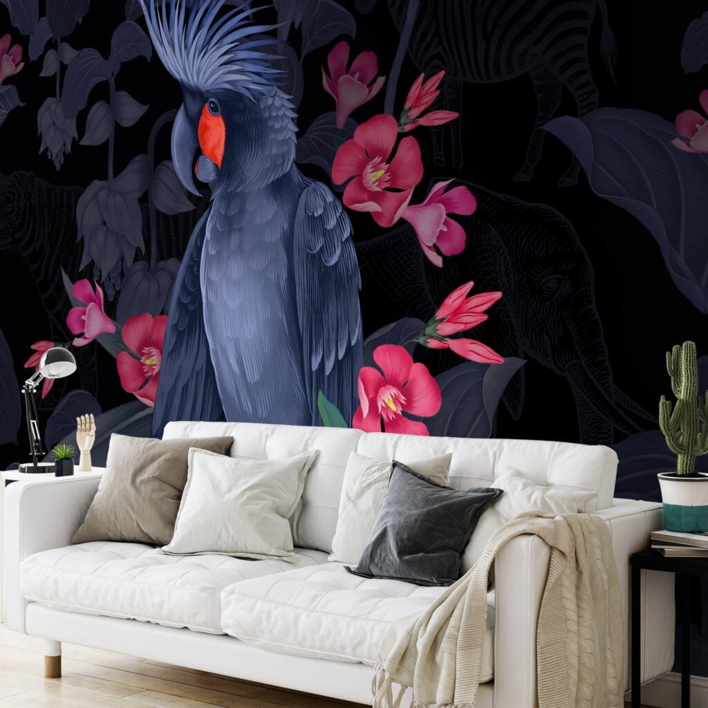 Dark Midnight Blue Large Parrot With Pink Flowers Wallpaper, Elegant Tropical Peel & Stick Wall Mural