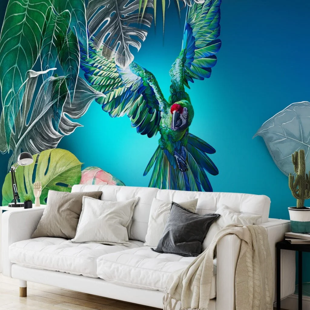 Large Parrot and Monstera Leaves With Blue Background Wallpaper, Vibrant & Tropical Peel & Stick Wall Mural