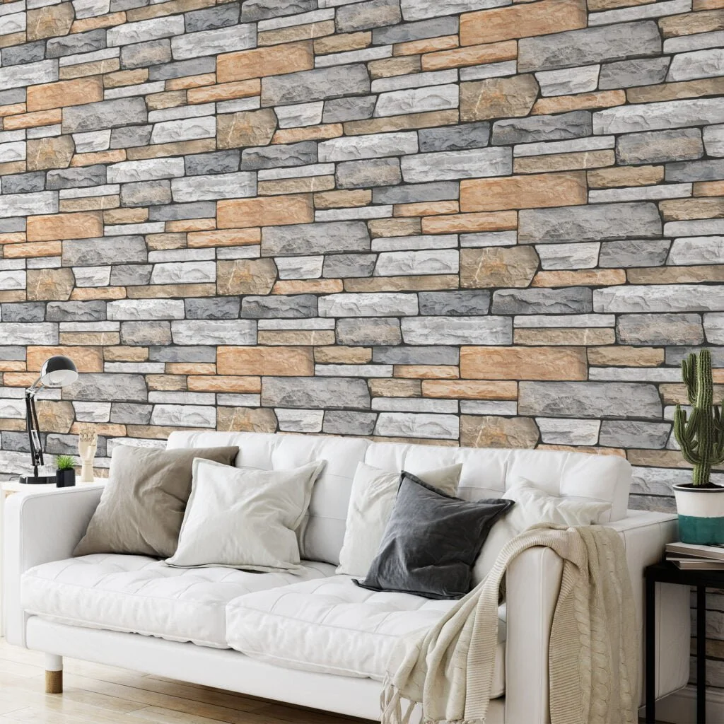 Large Brick Stone Wall Wallpaper, Contemporary Layered Stone Faux Peel & Stick Wall Mural