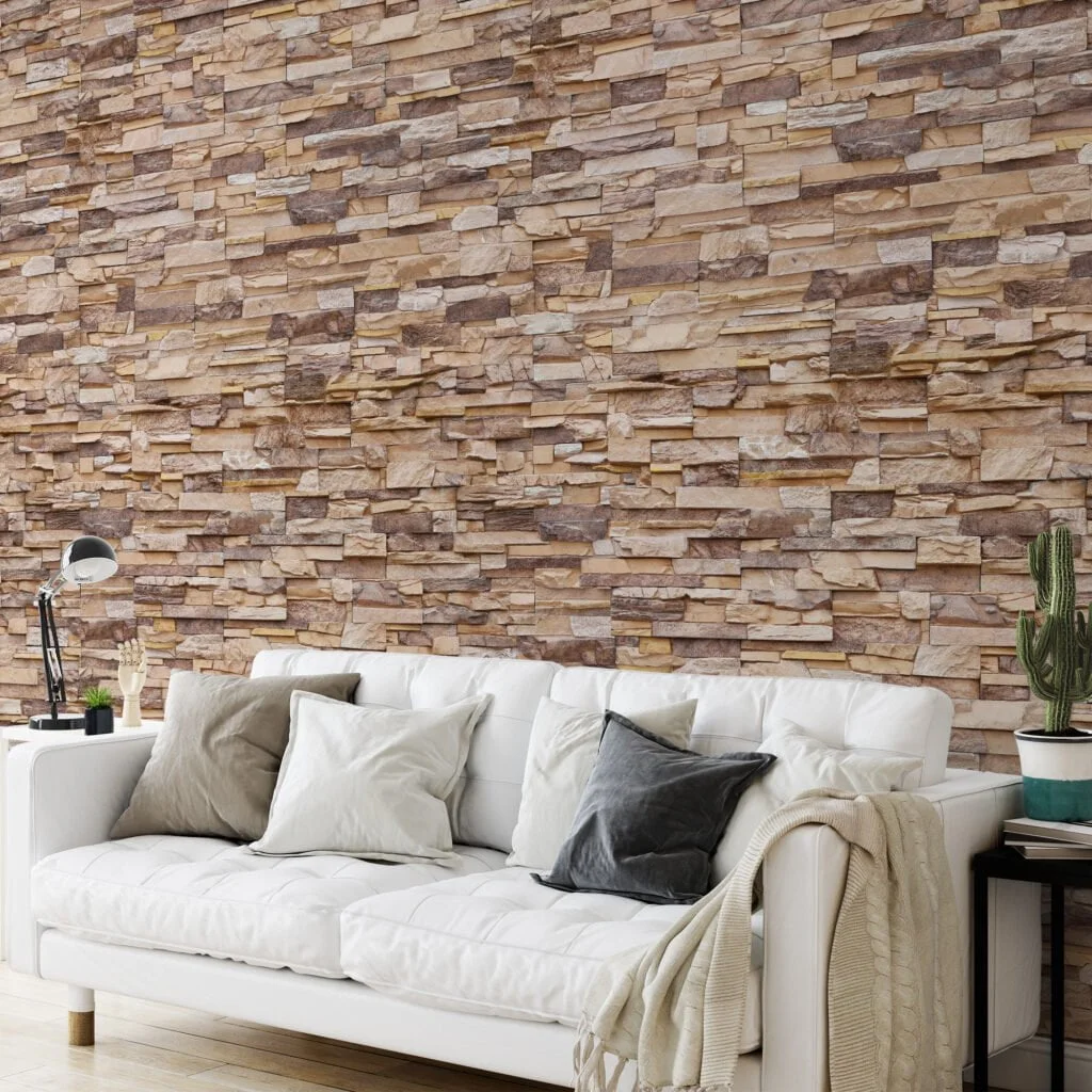 Stone Brick Wall Wallpaper, Neutral Textured Stone Cladding Peel & Stick Wall Mural