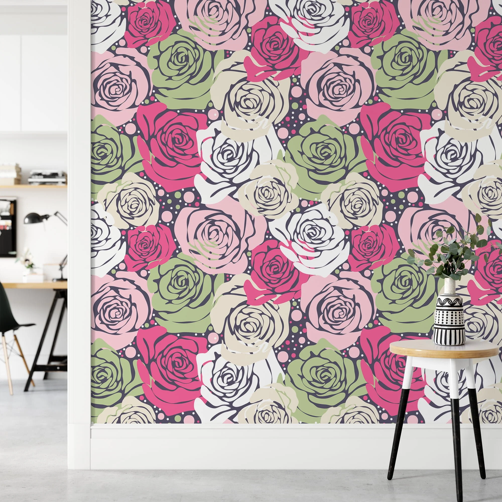 Abstract Roses Pattern Wallpaper, Playful and Retro-Inspired Peel & Stick Wall Mural