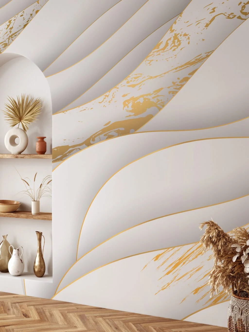 Abstract Three Dimensional Paper Effect Light Wallpaper, Elegant White and Gold Marble Peel & Stick Wall Mural