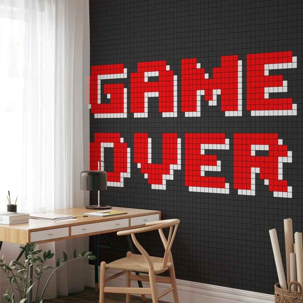 Game Over Video Game Pixel Art Wallpaper, Nostalgic Gamer Wall Decor Peel & Stick Wall Mural