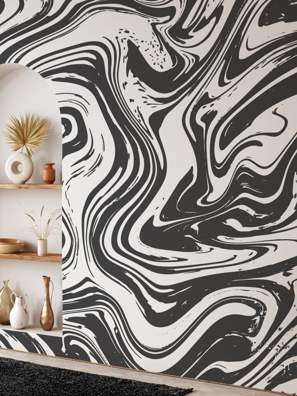 Dark Grey And White Swirl Design Wallpaper, Monochrome Marble Swirl Peel & Stick Wall Mural