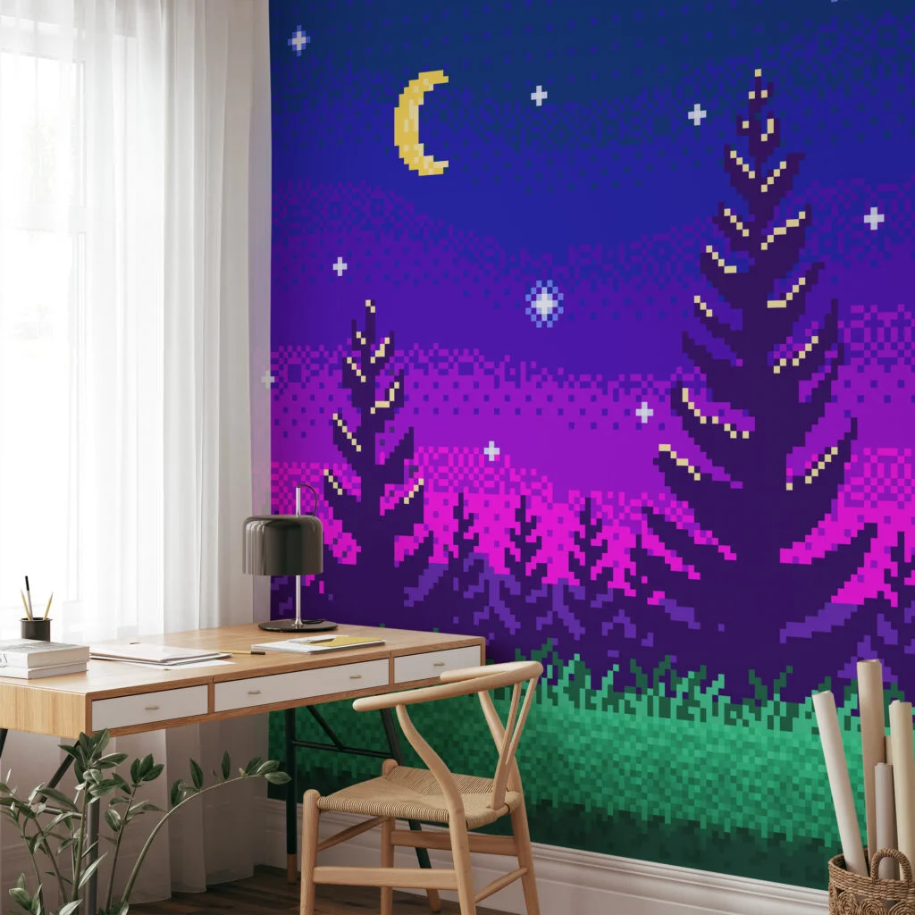 Pixel Art Night Trees With Purple Gradient Background Wallpaper, Pixelated Starry Night Forest Peel & Stick Wall Mural