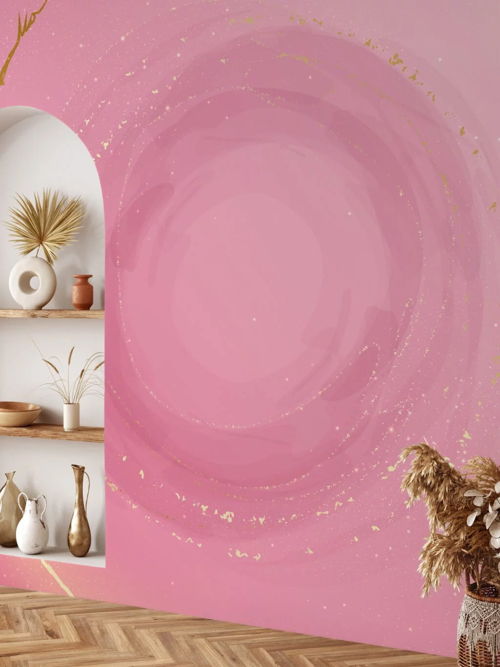 Large Pink Wallpaper With a Centered Circle Design, Abstract Cosmic Pink Swirl Peel & Stick Wall Mural