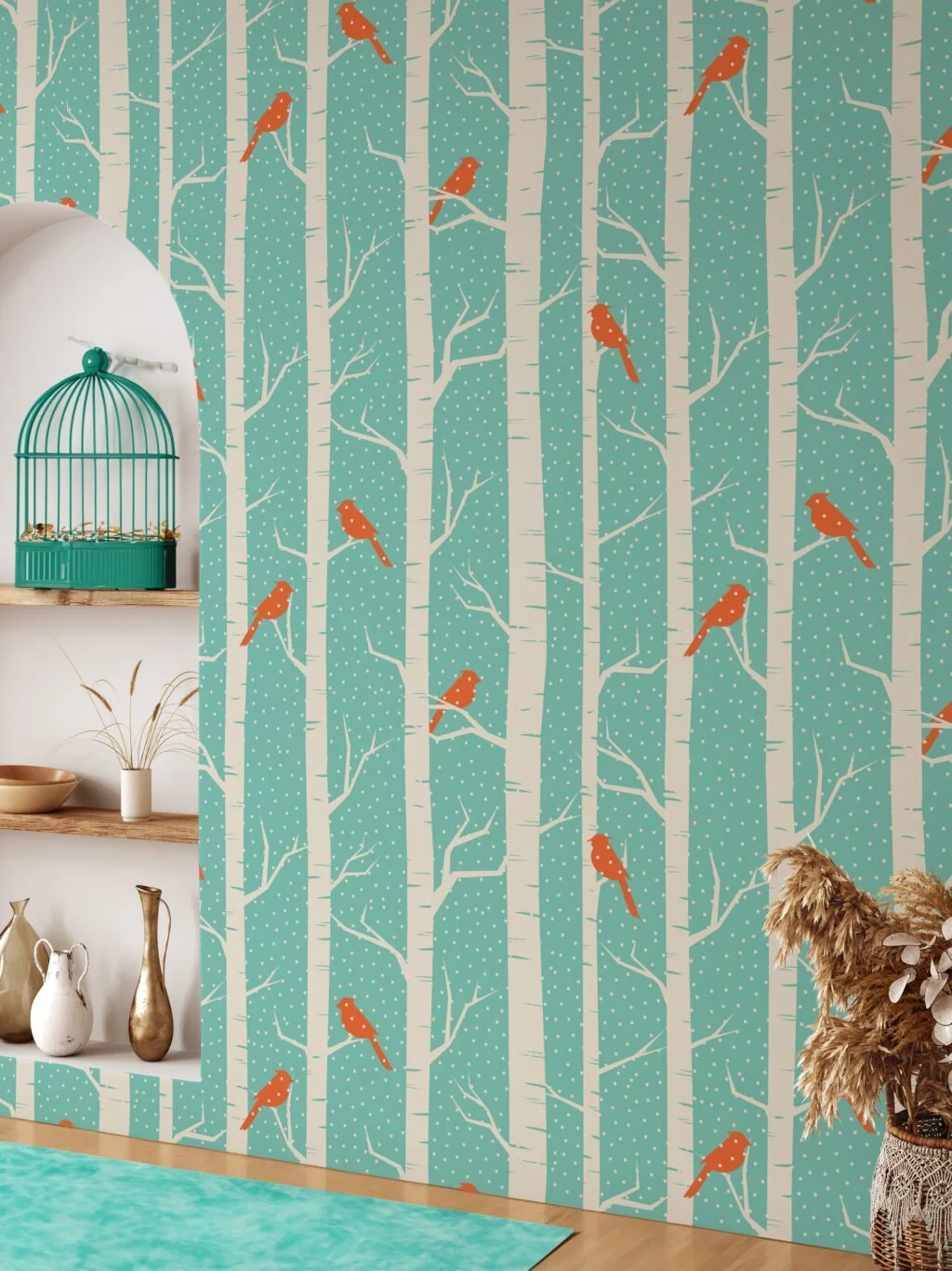 Abstract Snowy Trees With Birds Wallpaper, Chirping Birds in Birch Forest Peel & Stick Wall Mural