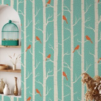 Abstract Snowy Trees With Birds Wallpaper, Chirping Birds in Birch Forest Peel & Stick Wall Mural