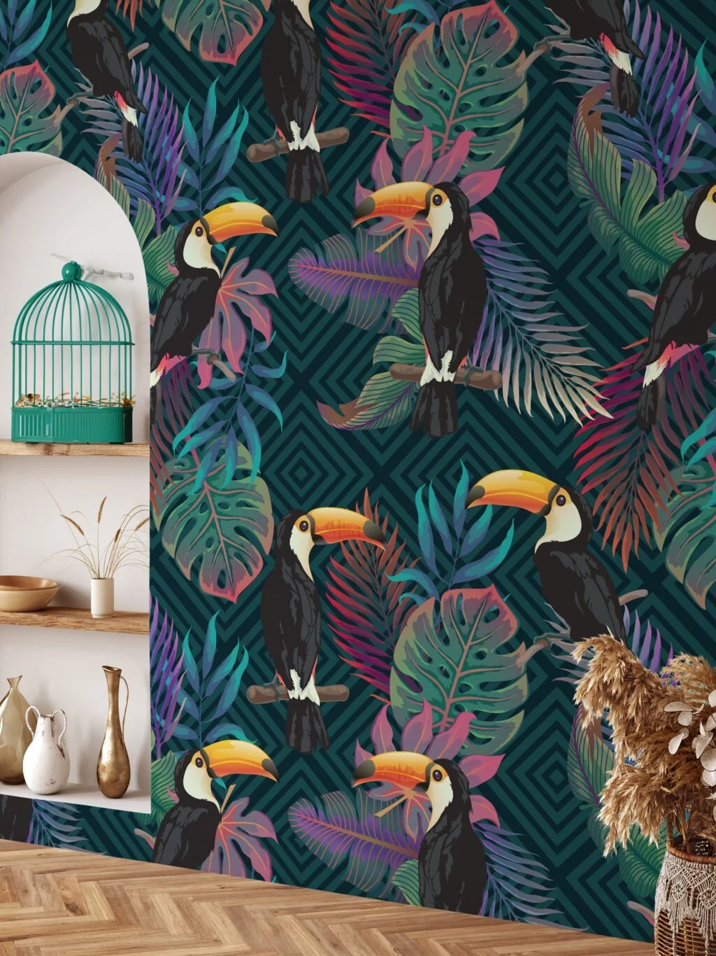 Tropical Illustration With Monstera Leaves And Toucans Wallpaper, Exotic Lush Tropical Peel & Stick Wall Mural