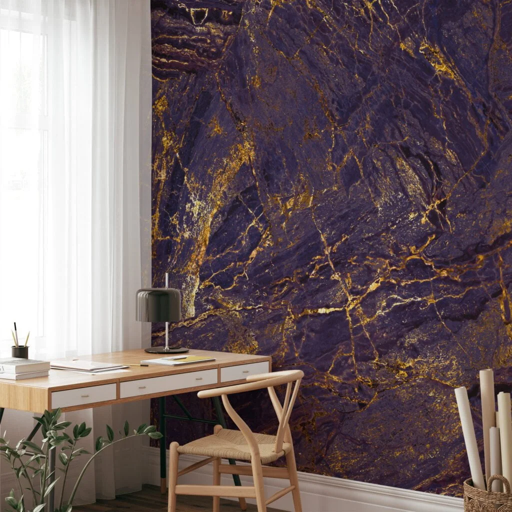 Bright Contrasted Stone Textured Wallpaper, Luxe Gold Veined Marble Peel & Stick Wall Mural