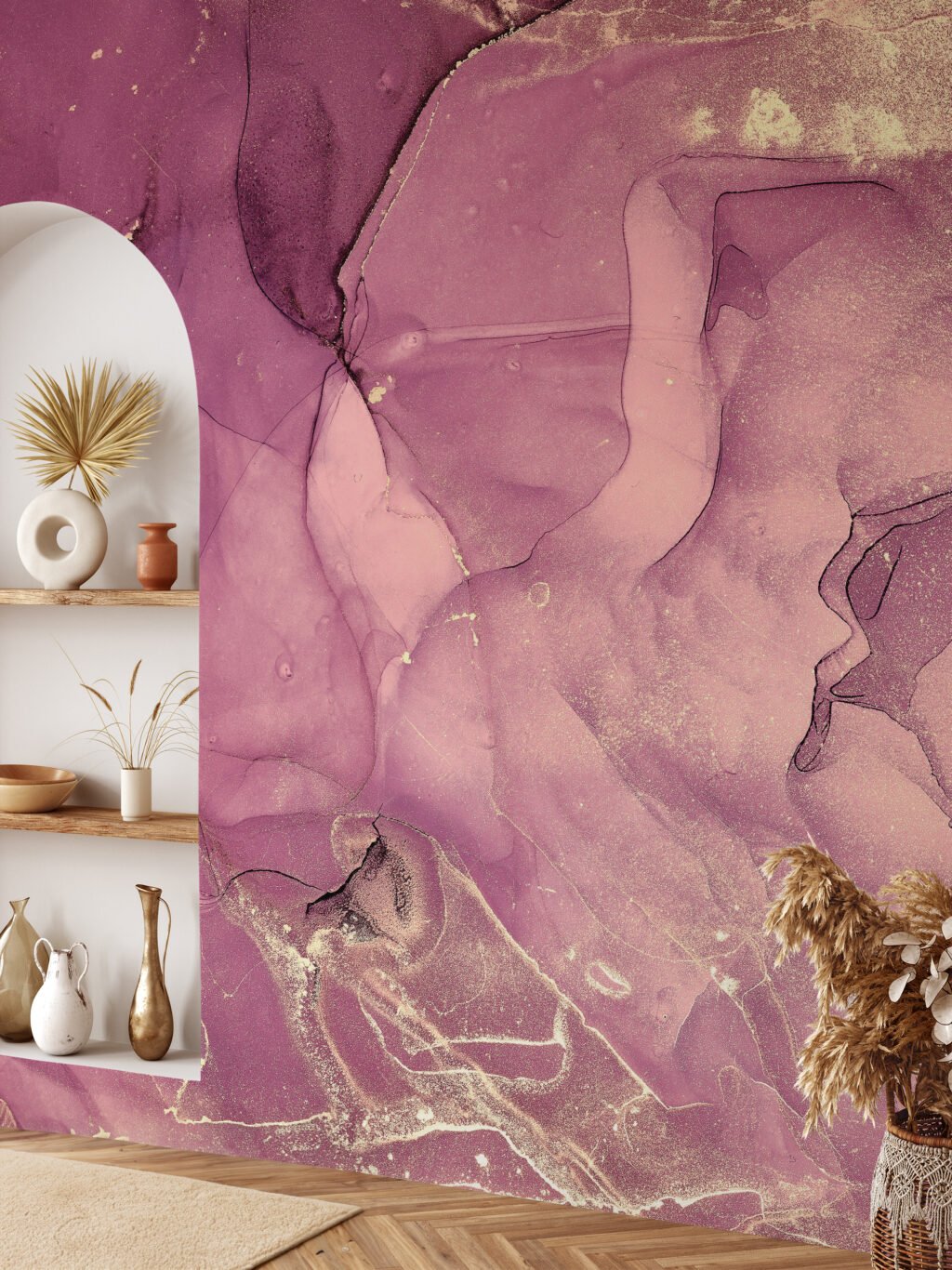 Pink Rose Gold Marble Ink Art Wallpaper, Lavish Deep Pink Peel & Stick Wall Mural