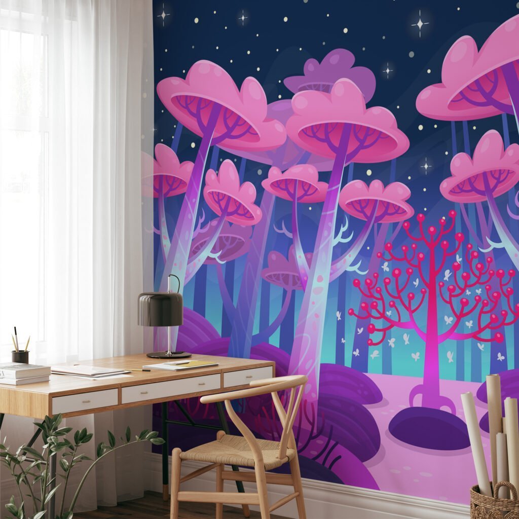 Cartoon Style Large Pink Cotton Candy Trees Wallpaper, Enchanted Forest Space Peel & Stick Wall Mural