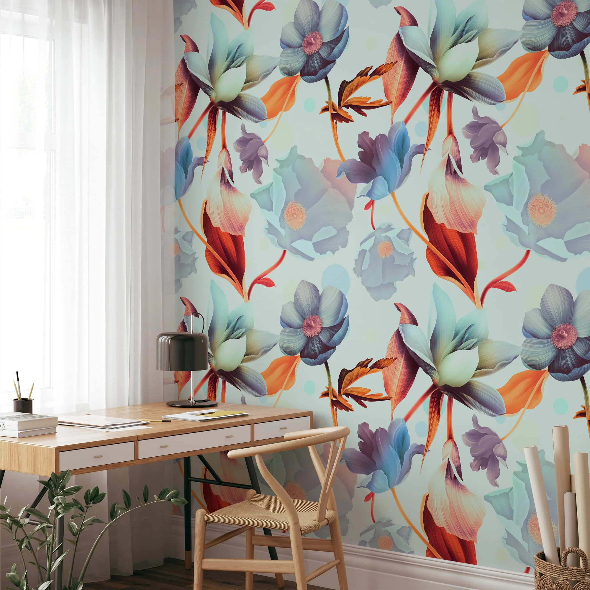Large Colorful Blooming Flowers Wallpaper, Vibrant Abstract Floral Peel & Stick Wall Mural