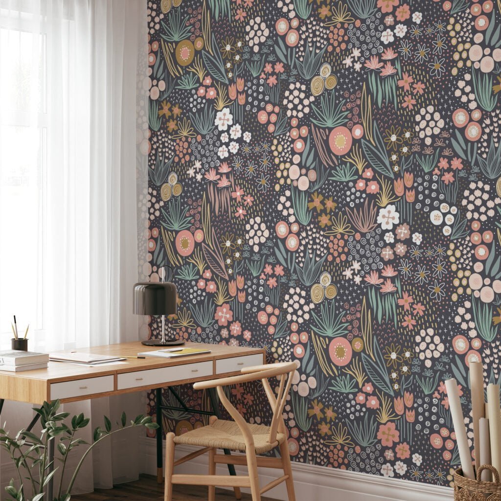 Flat Art Floral Design With A Brown Background Wallpaper, Enchanted Forest Florals Peel & Stick Wall Mural