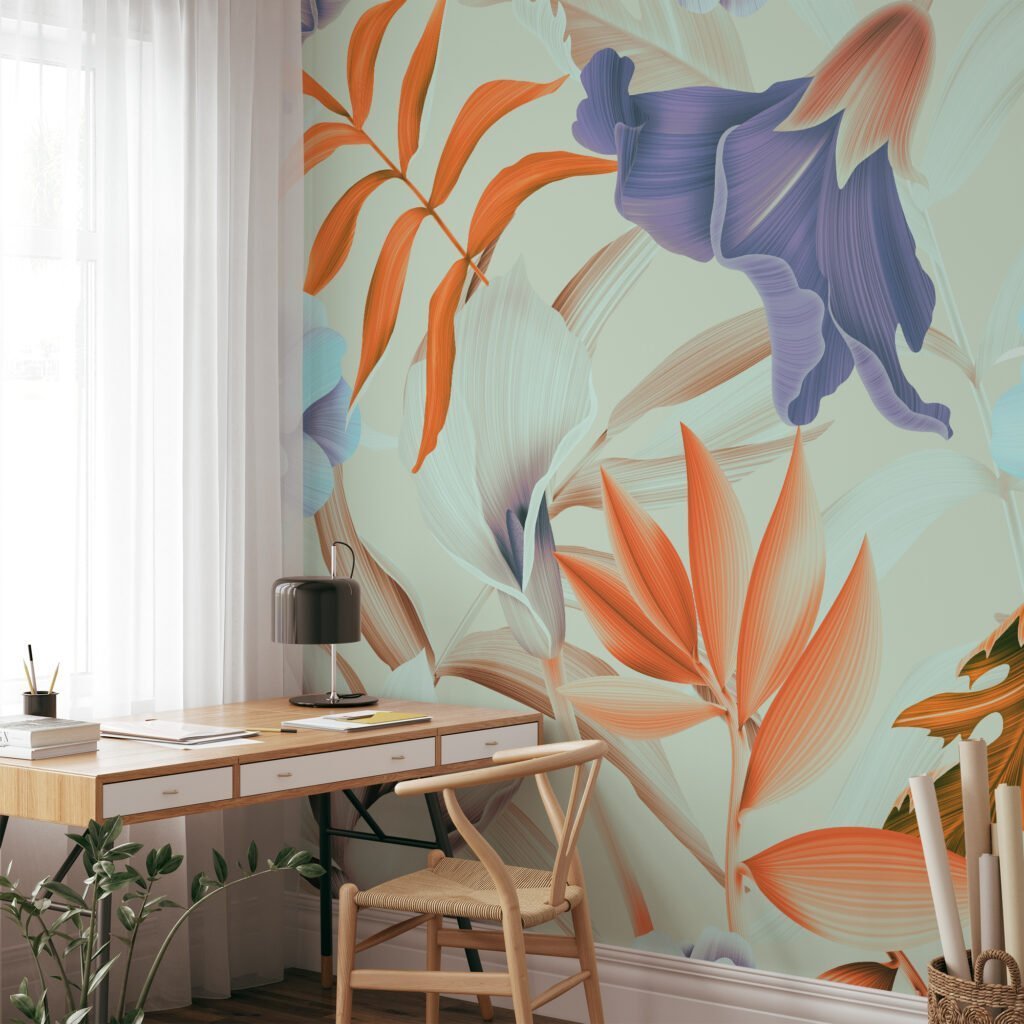 Blooming Beige And Purple Flowers With Orange Leaves Wallpaper, Abstract Blossoms Peel & Stick Wall Mural