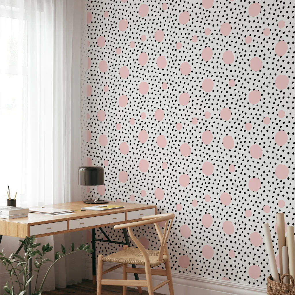 Polka Dots Illustration Wallpaper, Polka Dots & Pink Spheres Peel & Stick Wall Mural