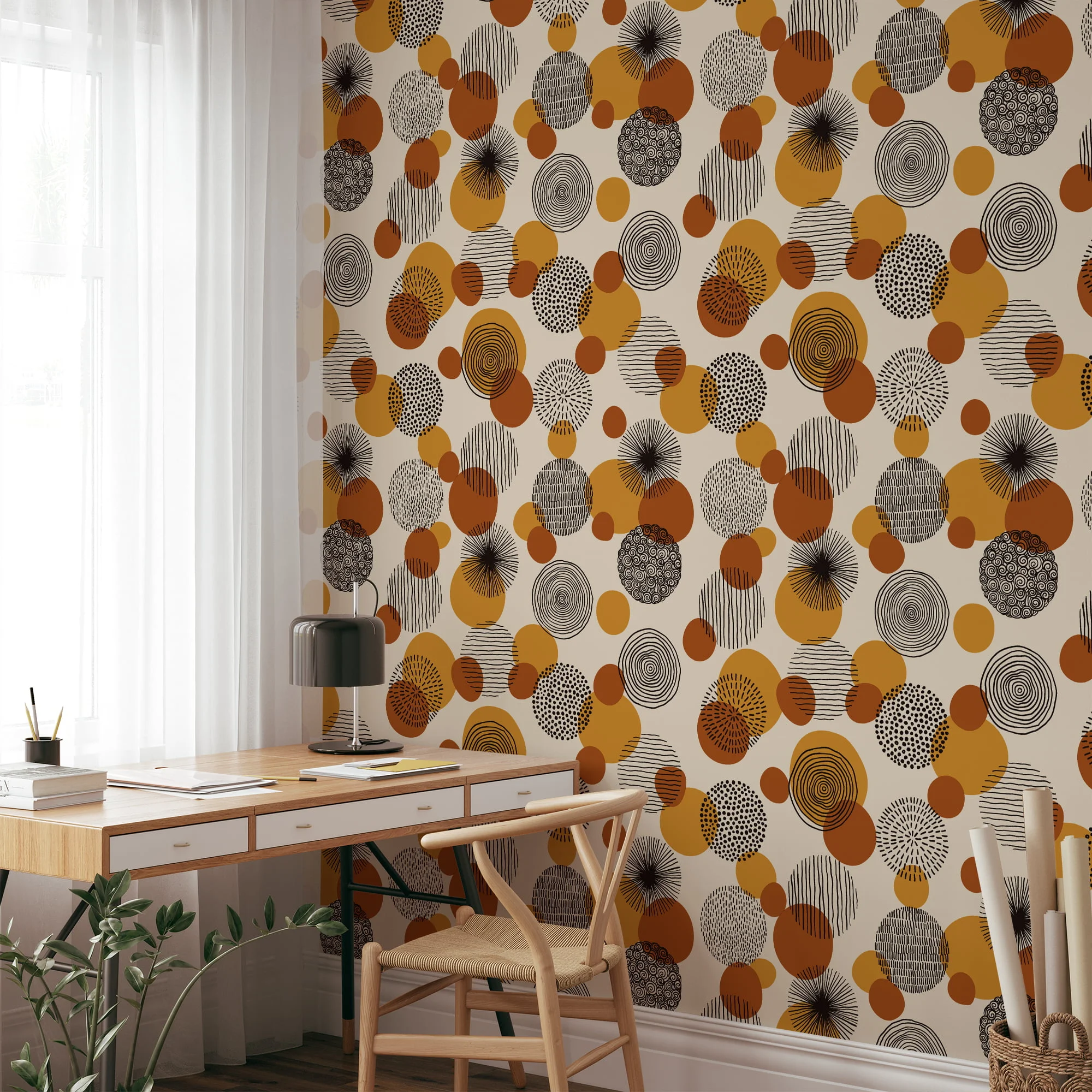 70s Style Circle Patterns Illustration Wallpaper, Retro-Inspired Abstract Dots Peel & Stick Wall Mural