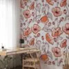 Floral Line Art Illustration Wallpaper, Chic Floral Elegant Peel & Stick Wall Mural