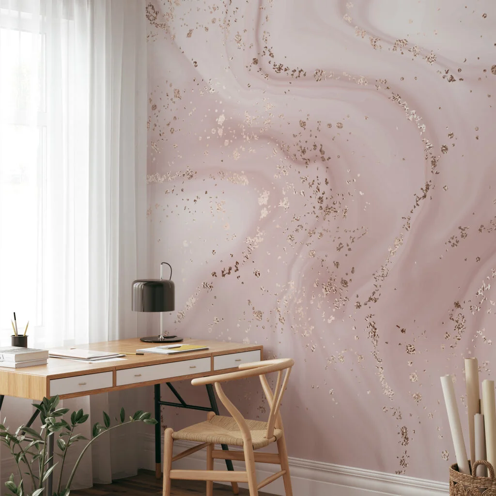 Nude Rose Gold Wavy Marble Effect Wallpaper, Whispering Blush Marble Peel & Stick Wall Mural