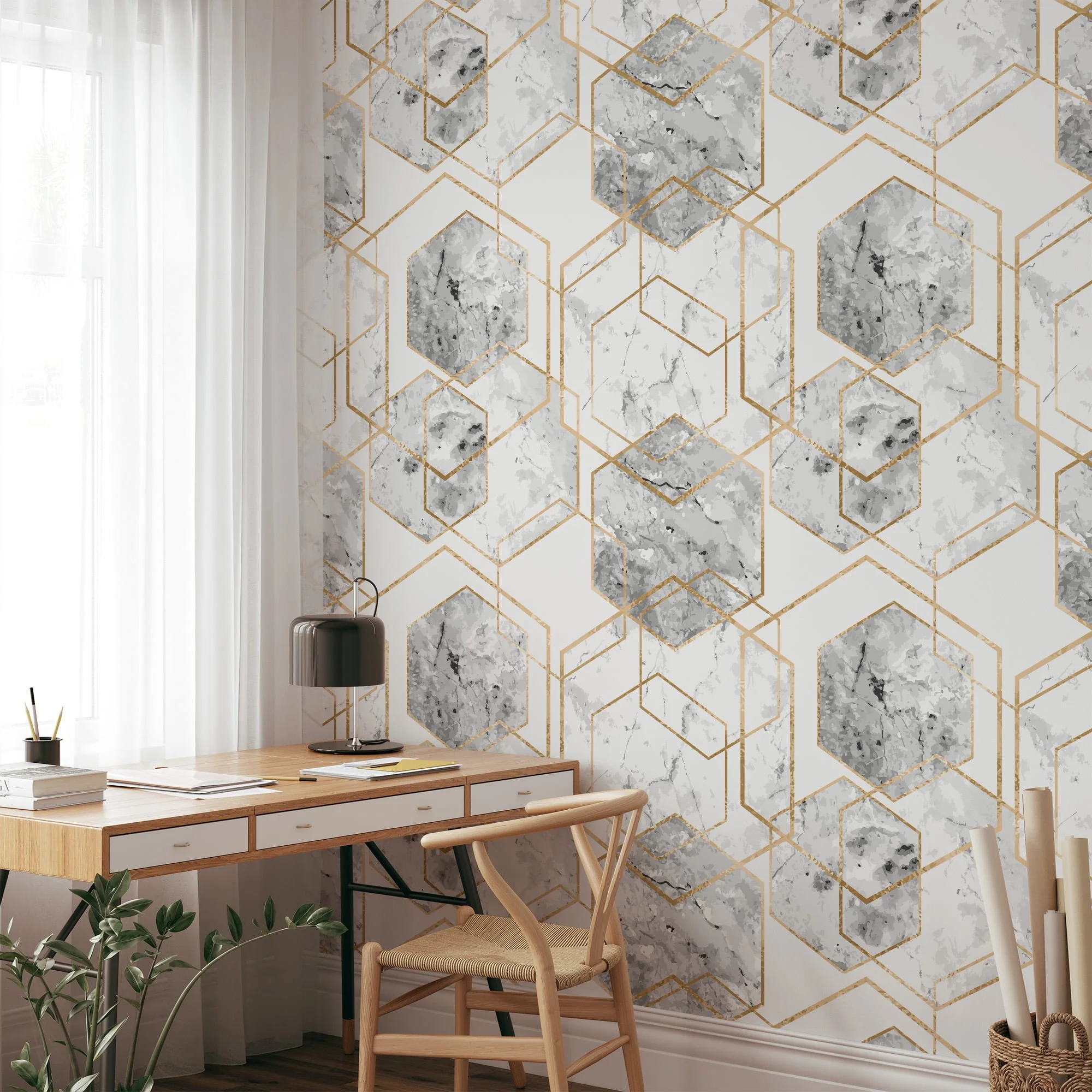 Geometric Wallpaper With Grey Watercolor Style Hexagons, Luxurious Gold Marble Peel & Stick Wall Mural