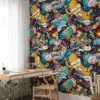 Cartoon Space Themed Kids Wallpaper Illustration, Vibrant Comic Space Adventure Peel & Stick Wall Mural