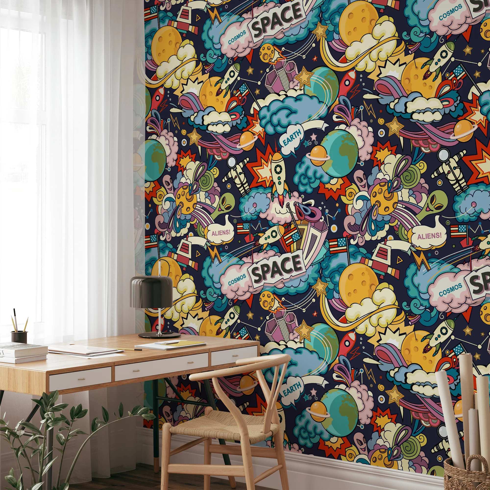 Cartoon Space Themed Kids Wallpaper Illustration, Vibrant Comic Space Adventure Peel & Stick Wall Mural