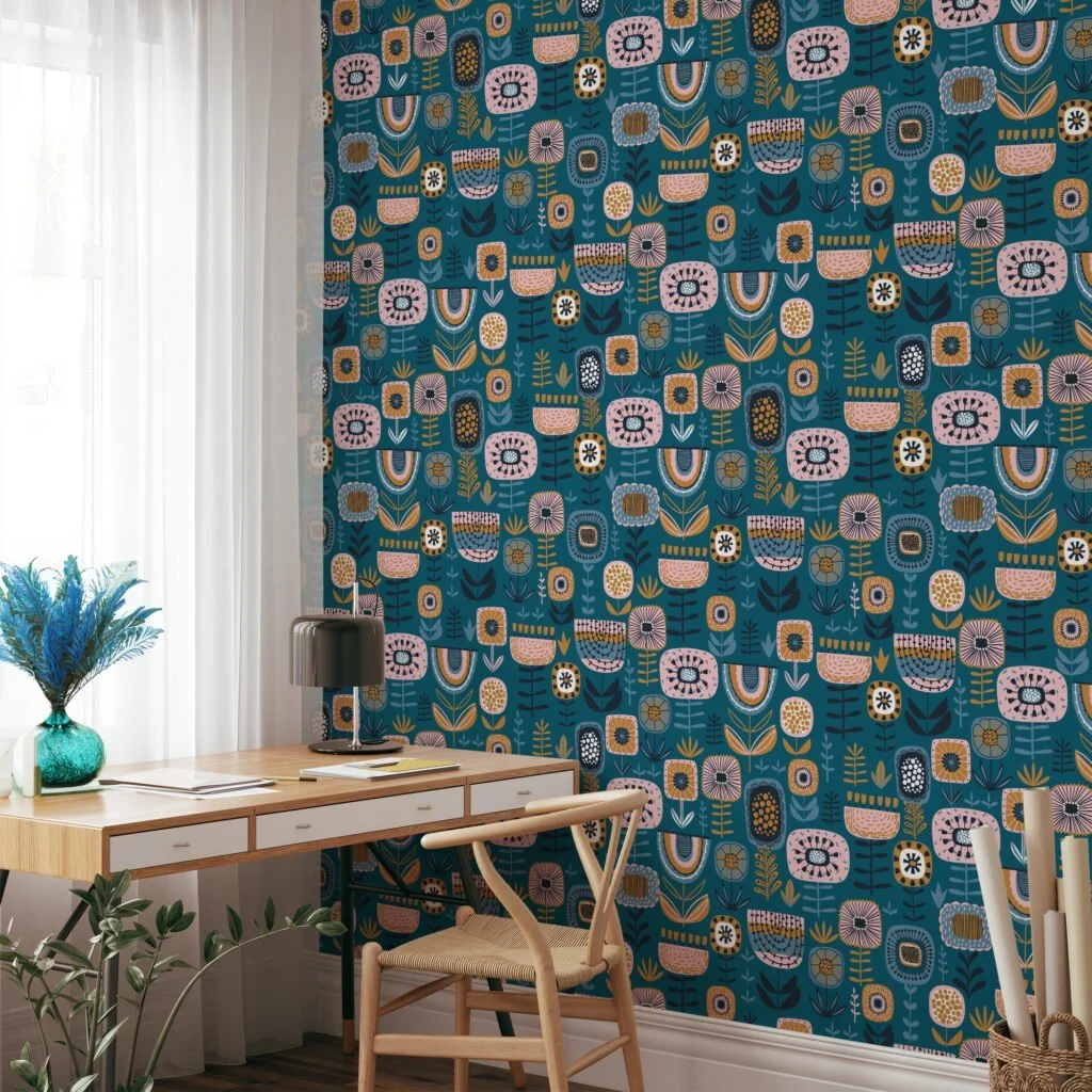 Folk Art Abstract Flower Design Illustration Wallpaper, Abstract Garden Pattern Peel & Stick Wall Mural