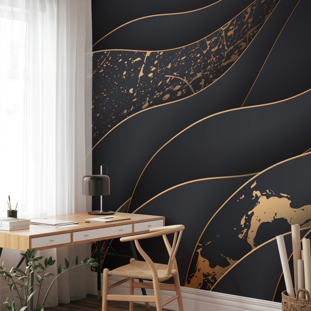 Abstract Three Dimensional Paper Effect Dark Wallpaper, Opulent Wavy Design Peel & Stick Wall Mural