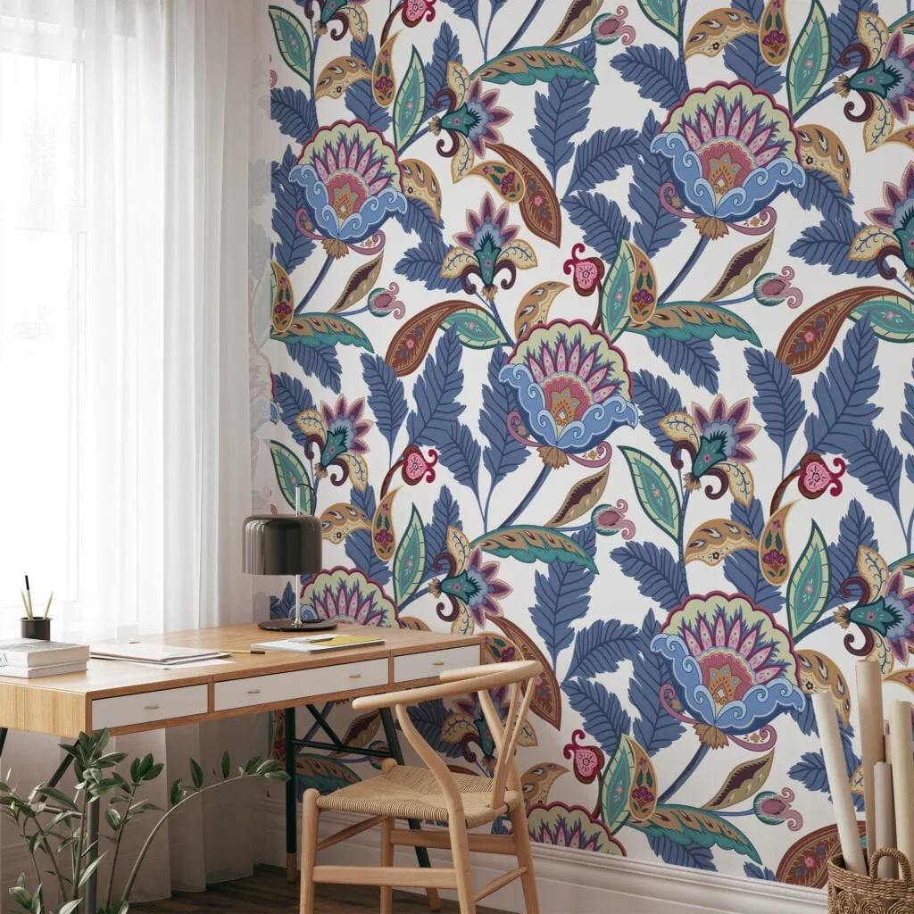 Paisley Style Wallpaper With Navy Blue Leaves, Art Deco Floral Peel & Stick Wall Mural