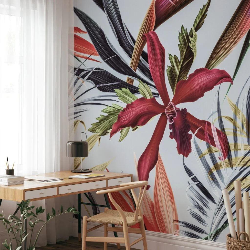 Large Pantone Tropical Flowers Wallpaper, Modern Tropical Abstract Peel & Stick Wall Mural