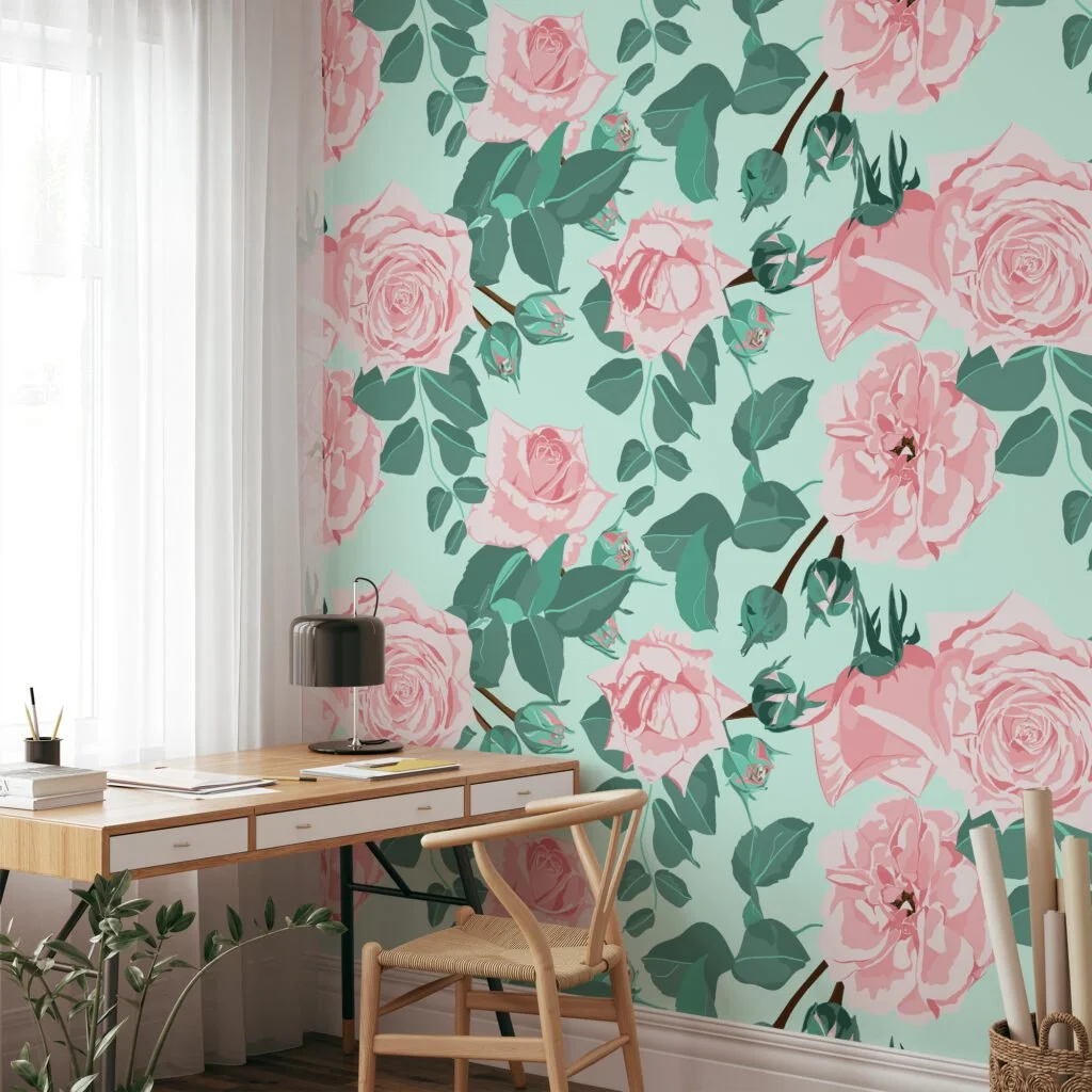 Flat Art Pastel Pink Green Roses Illustration Wallpaper, Soft Pink Blooms Peel & Stick Wall Mural