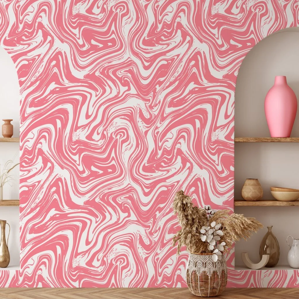 Peach Pink Swirl Design Illustration Wallpaper, Fluid Abstract Peel & Stick Wall Mural