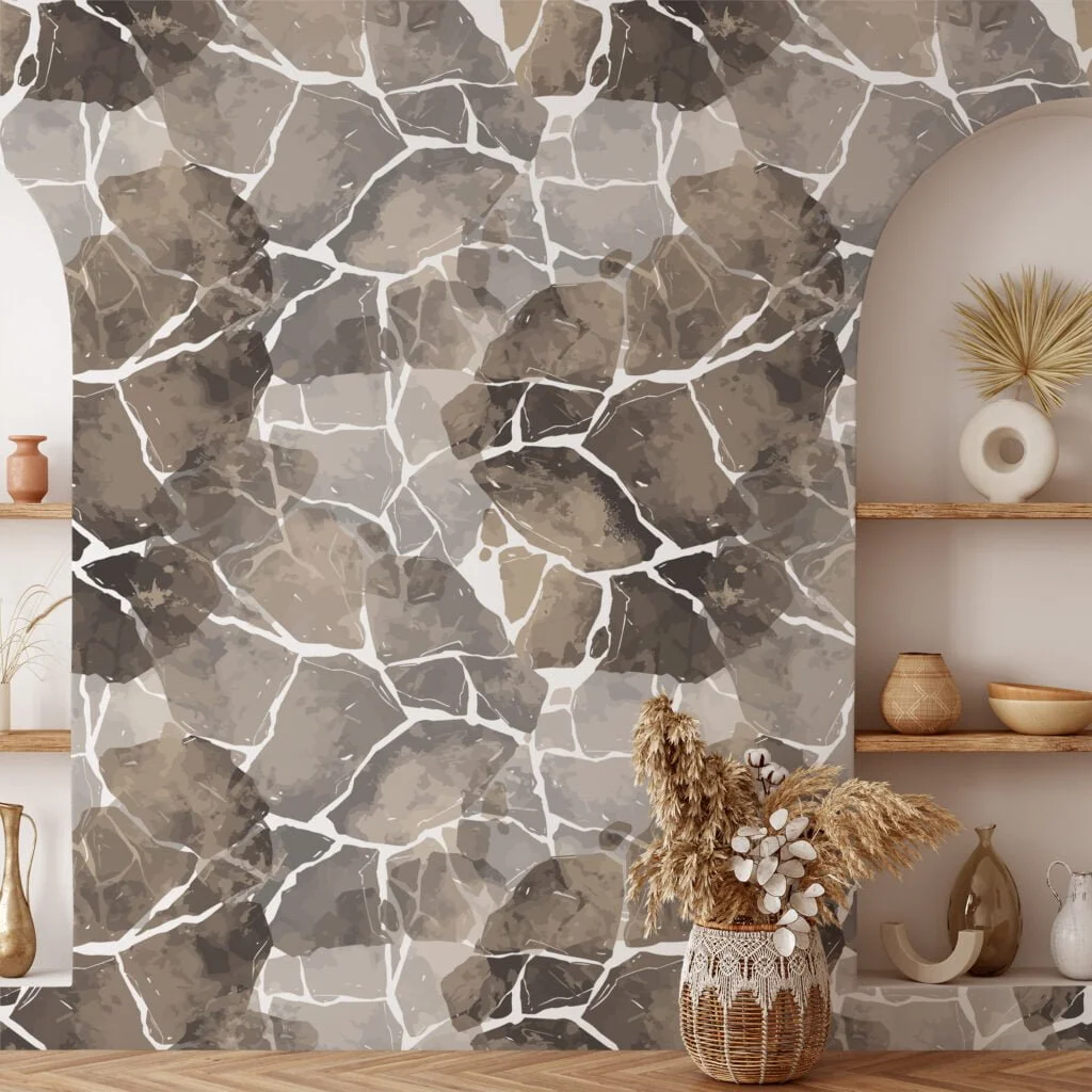 Abstract Cracks Illustration Wallpaper, Elegant Neutral Marble Peel and Stick Wall Mural