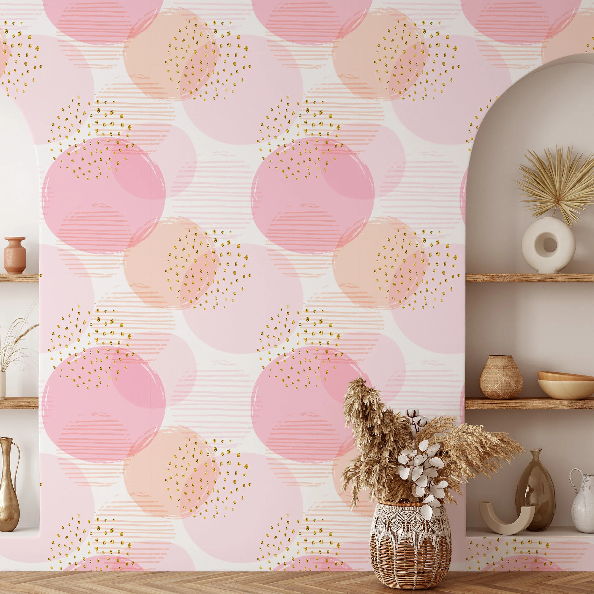 Pink Confetti Circles Illustration Pattern Wallpaper, Soft Pink Spheres & Golden Specks Peel & Stick Wall Mural