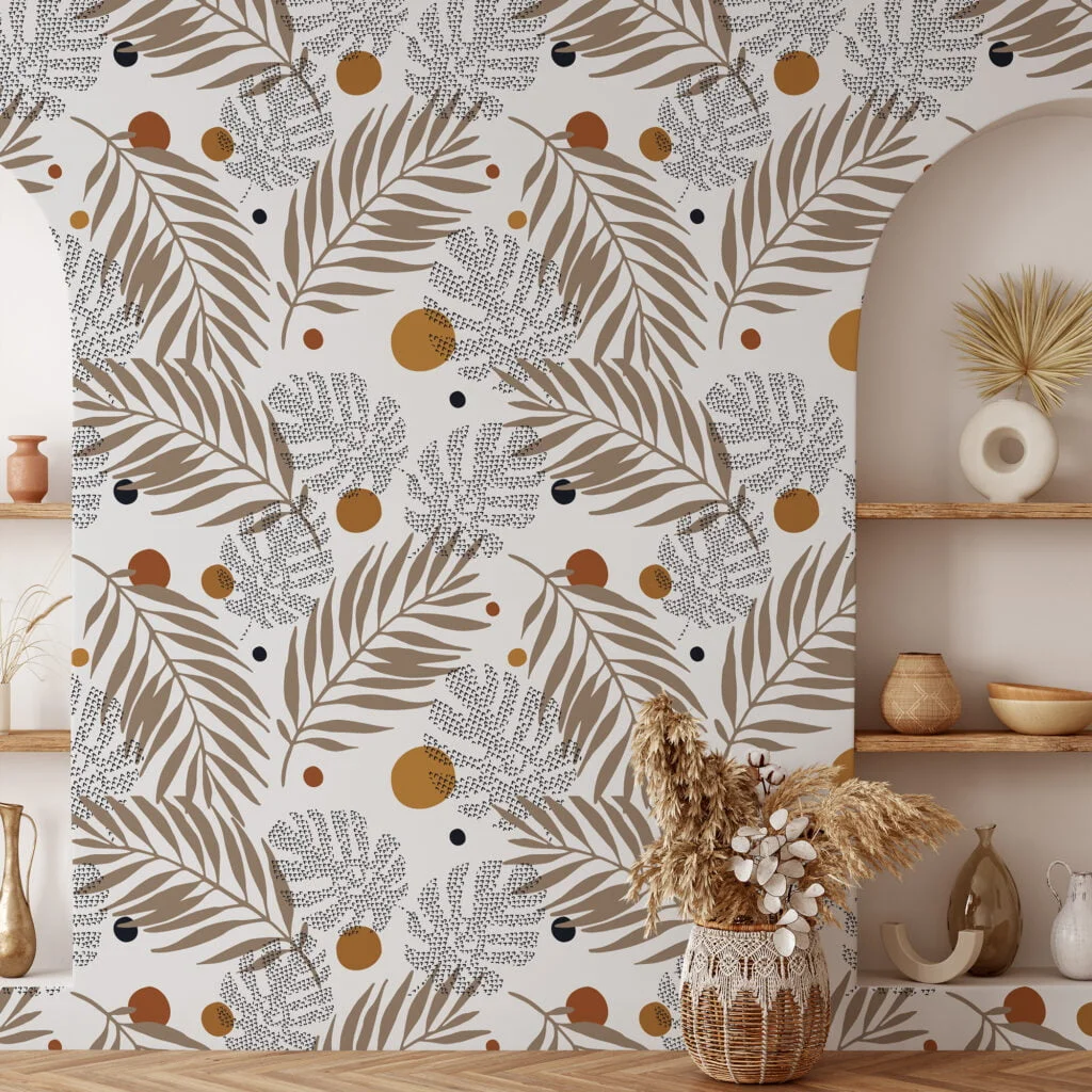 Abstract Earthy Tones Leaves Illustration Wallpaper, Modern Botanical Peel & Stick Wall Mural