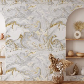 Swirly Abstract Marble Illustration Wallpaper, Classic White and Gold Peel & Stick Wall Mural