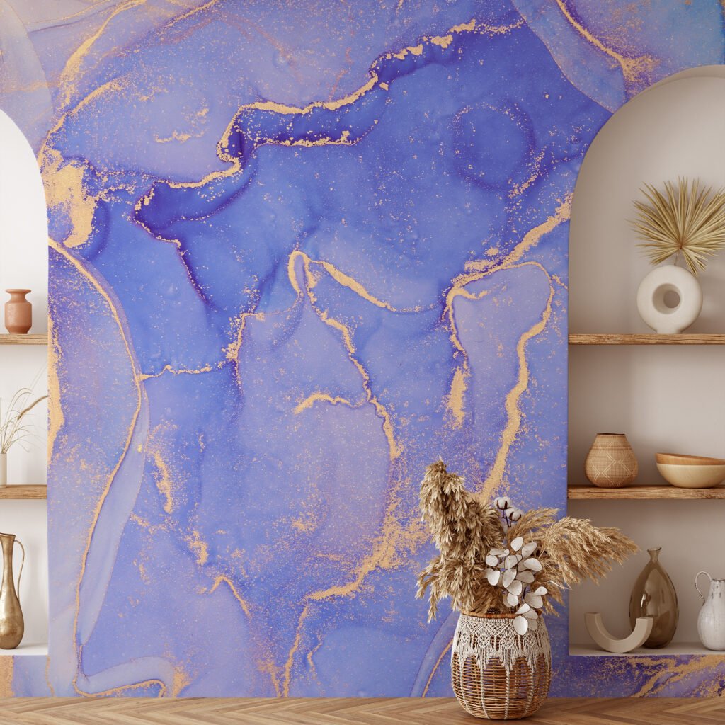 Mixed Purple Blue Alcohol Ink Art Marble Wallpaper, Royal Purple Marble Luxe Peel & Stick Wall Mural