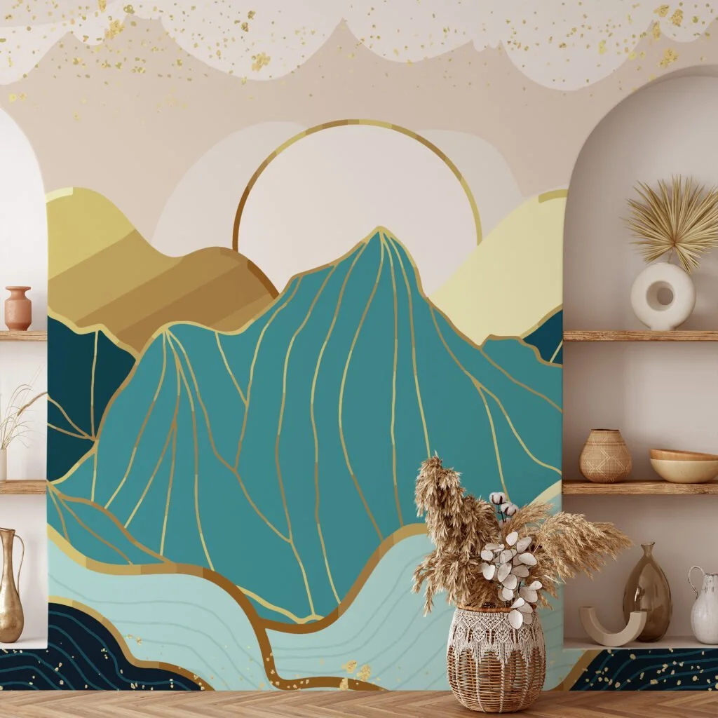 Modern Abstract Mountains Wallpaper With A Minimalistic Sunset, Stylized Landscape Peel & Stick Wall Mural