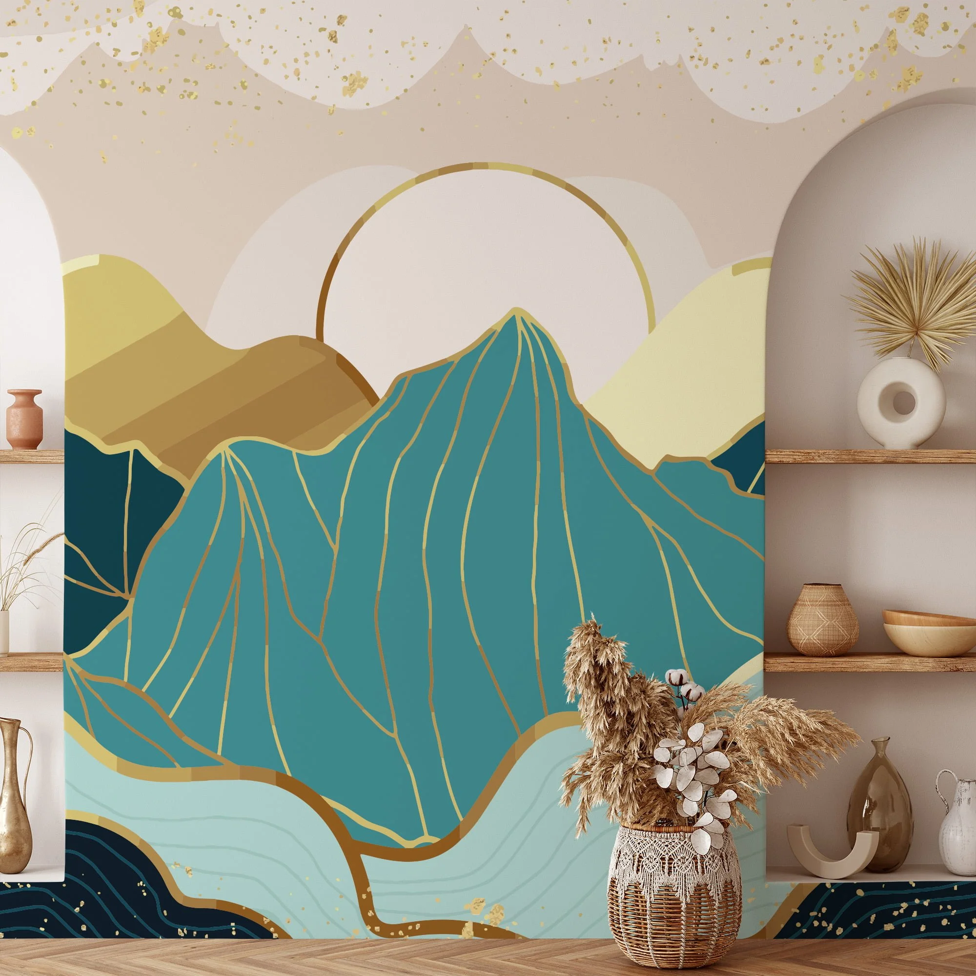 Modern Abstract Mountains Wallpaper With A Minimalistic Sunset, Stylized Landscape Peel & Stick Wall Mural