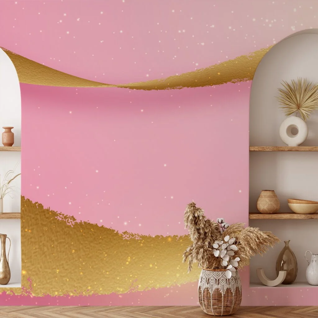 Large Pink Background With Golden Waves and Sparks Wallpaper, Luxury Abstract Peel & Stick Wall Mural