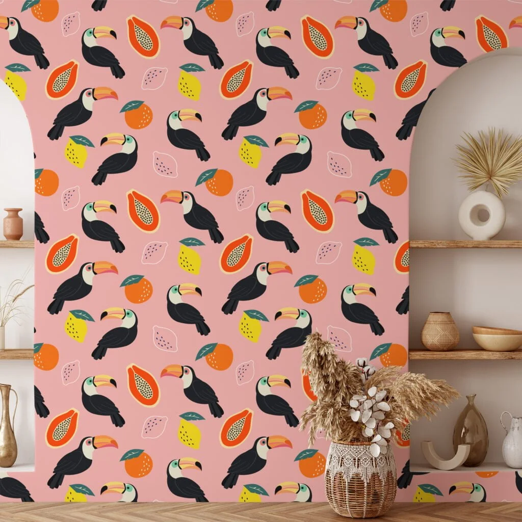 Flat Art Fruits And Toucans With A Pink Background Illustration Wallpaper, Vibrant Pink Kids' Decor Peel & Stick Wall Mural