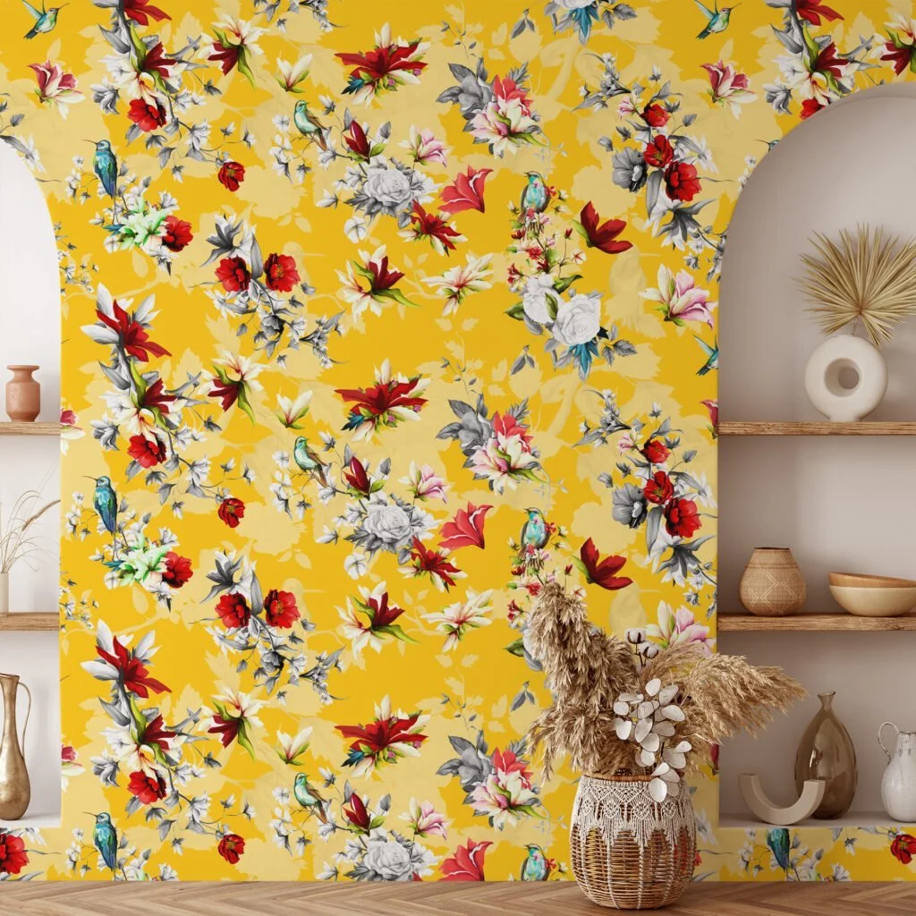 Yellow Floral Illustration With Birds And Flowers Wallpaper, Nature-Inspired Decor Peel & Stick Wall Mural