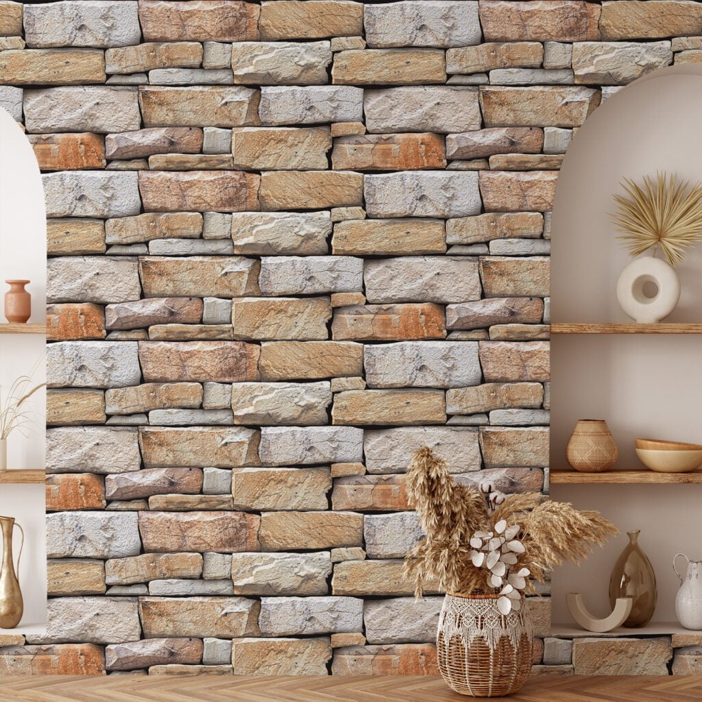 Brick Wall Stone Pattern Wallpaper, Detailed Faux Stonework Peel & Stick Wall Mural