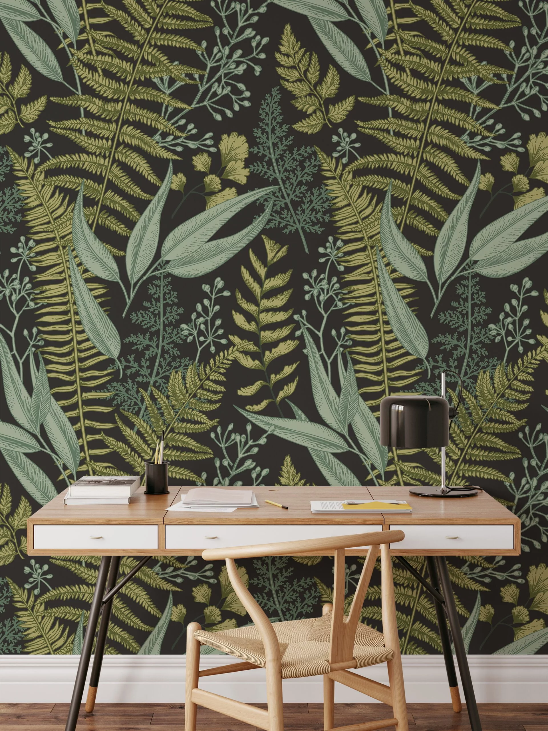 Vintage Style Plants And Leaves With A Dark Background Wallpaper, Nature Inspired Design Peel & Stick Wall Mural